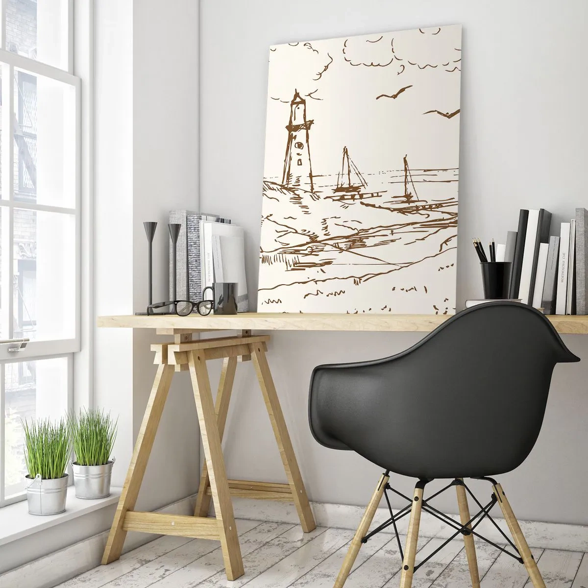 Glasbild - Bild auf glas - Skizze eines Leuchtturms mit Blick auf das Meer - 70x100cm - Ein Überblick über die Erinnerungen an den Sommer - Moderne Wanddekoration für Wohnzimmer und Schlafzimmer ARTTOR