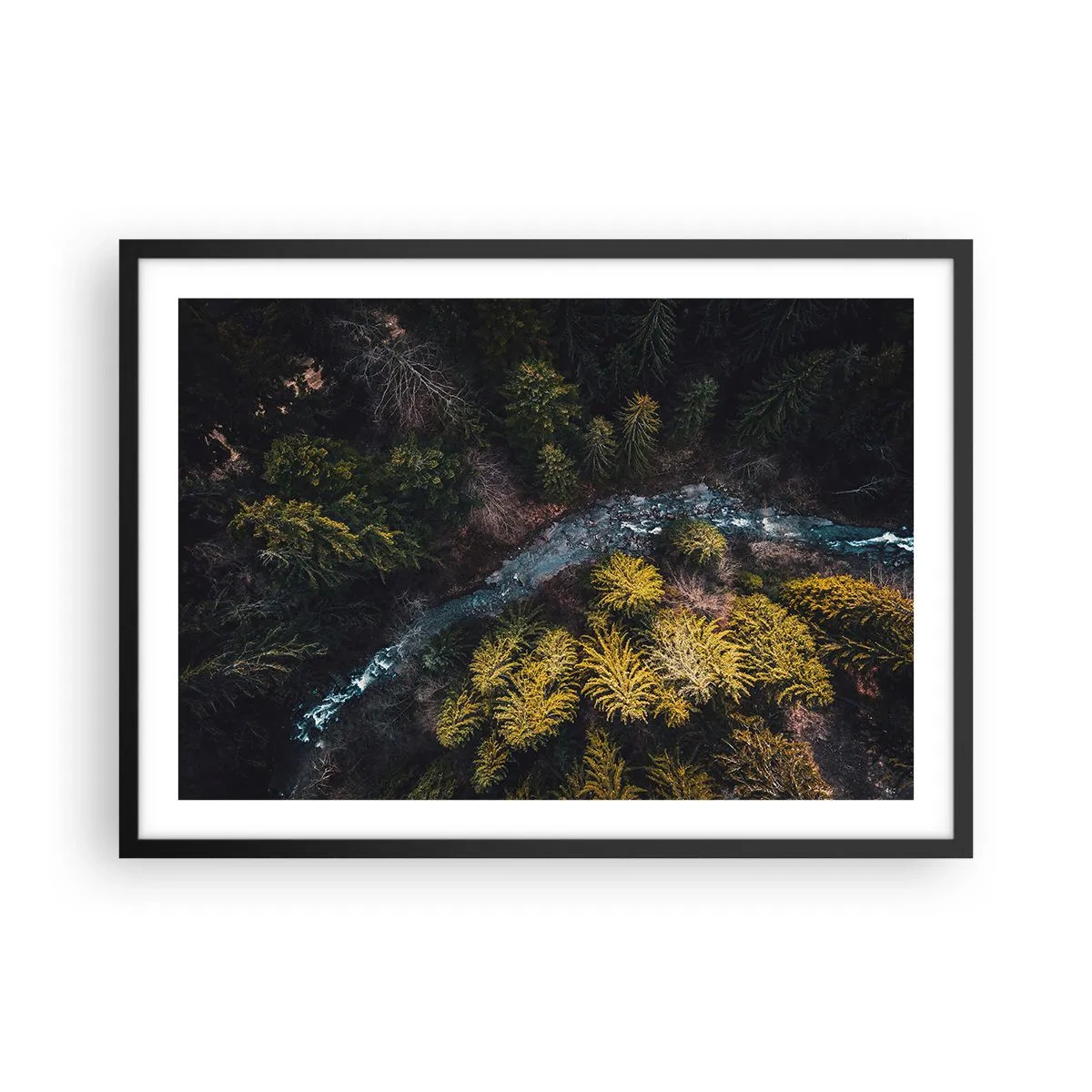 Poster in einem schwarzem Rahmen - Ein Blick von oben auf einen Wald mit einem gewundenen Fluss - 70x50cm - Schnell und immer schneller - Moderne Wanddekoration für Wohnzimmer und Schlafzimmer ARTTOR