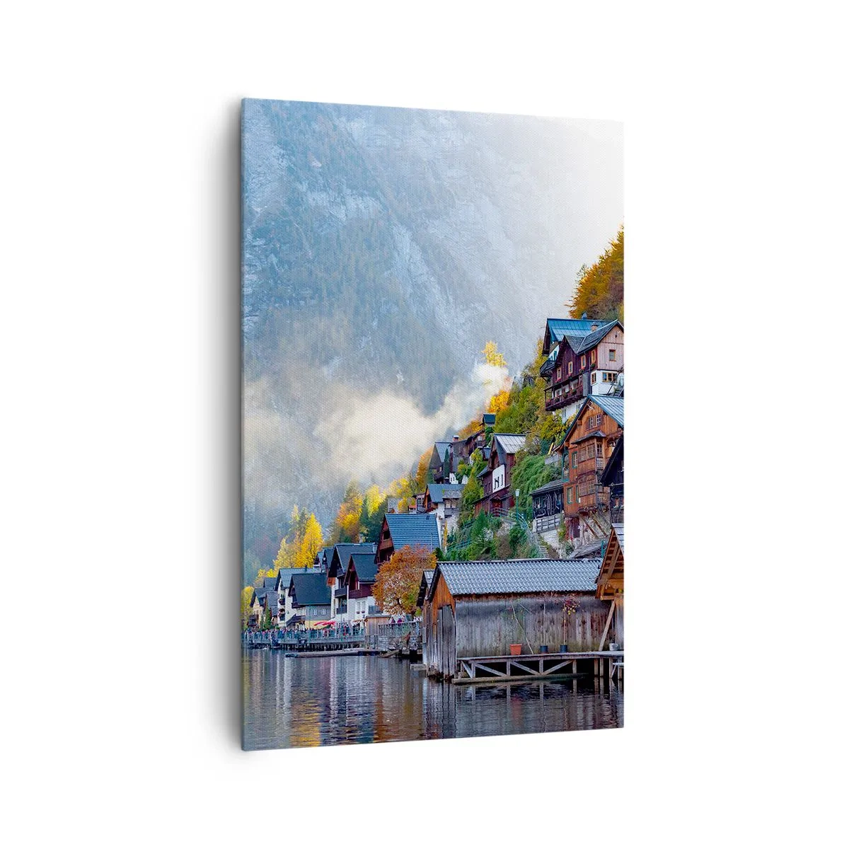 Bild auf Leinwand - Leinwandbild - Ein Bergdorf an einem See in herbstlicher Landschaft - 80x120cm - Alpenatmosphäre - Moderne Wanddekoration für Wohnzimmer und Schlafzimmer ARTTOR