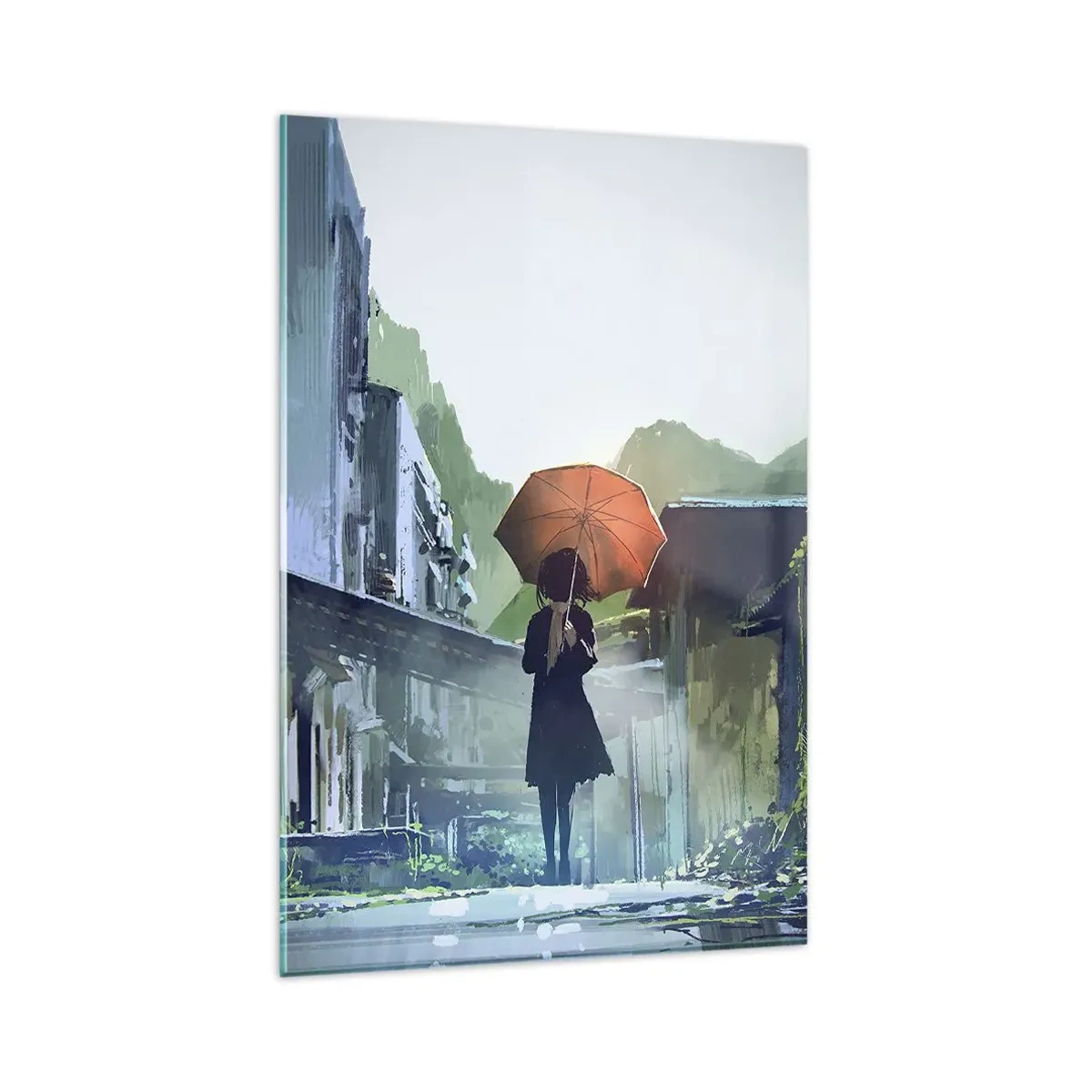 Glasbild - Bild auf glas - Eine Figur mit einem Regenschirm in einer verregneten Stadt - 80x120cm - Belebender Regen - Moderne Wanddekoration für Wohnzimmer und Schlafzimmer ARTTOR