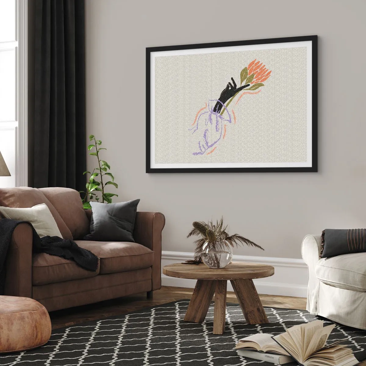 Poster in einem schwarzem Rahmen - Ein minimalistischer Blumenstrauß im zarten Stil - 70x50cm - Schwesterliche Berührung - Moderne Wanddekoration für Wohnzimmer und Schlafzimmer ARTTOR