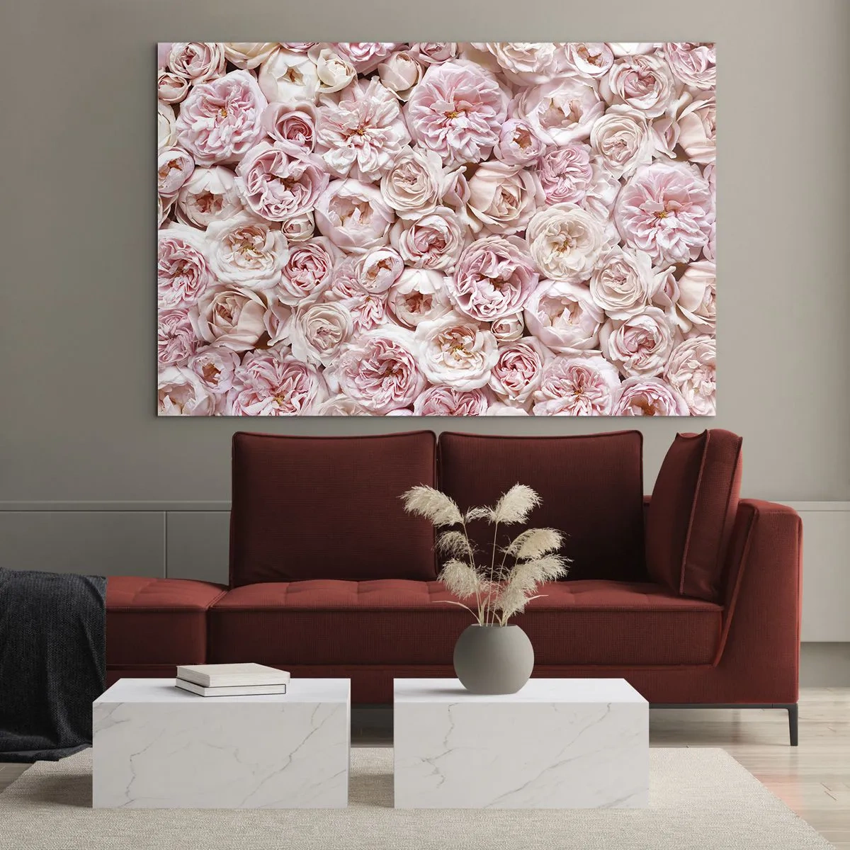 Glasbild - Bild auf glas - Pastellrosen in einem dichten Blumenarrangement - 70x50cm - Auf Rosen gebettet - Moderne Wanddekoration für Wohnzimmer und Schlafzimmer ARTTOR