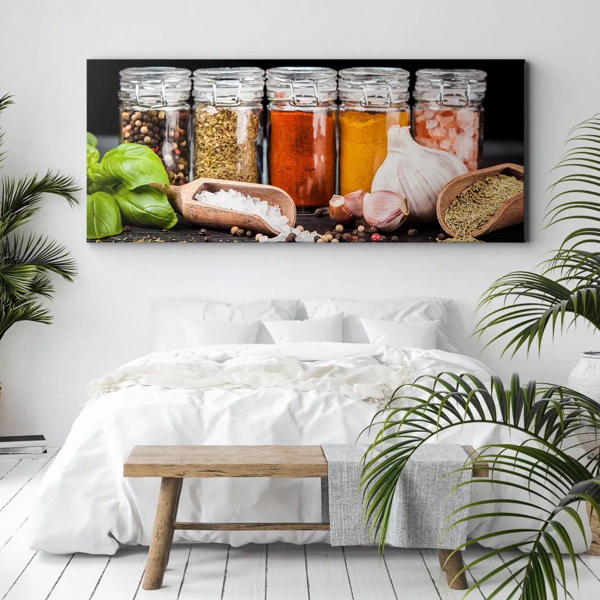 Bild auf Leinwand - Leinwandbild - Kräuter und Gewürze in Gläsern auf dunklem Hintergrund - 140x50cm - Für einen Geschmack des Lebens - Moderne Wanddekoration für Wohnzimmer und Schlafzimmer ARTTOR