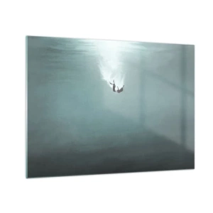 Glasbild - Bild auf glas - Die Silhouette eines Mannes, eingetaucht in die blauen Tiefen des Ozeans - 70x50cm - In den Armen des Ozeans - Moderne Wanddekoration für Wohnzimmer und Schlafzimmer ARTTOR