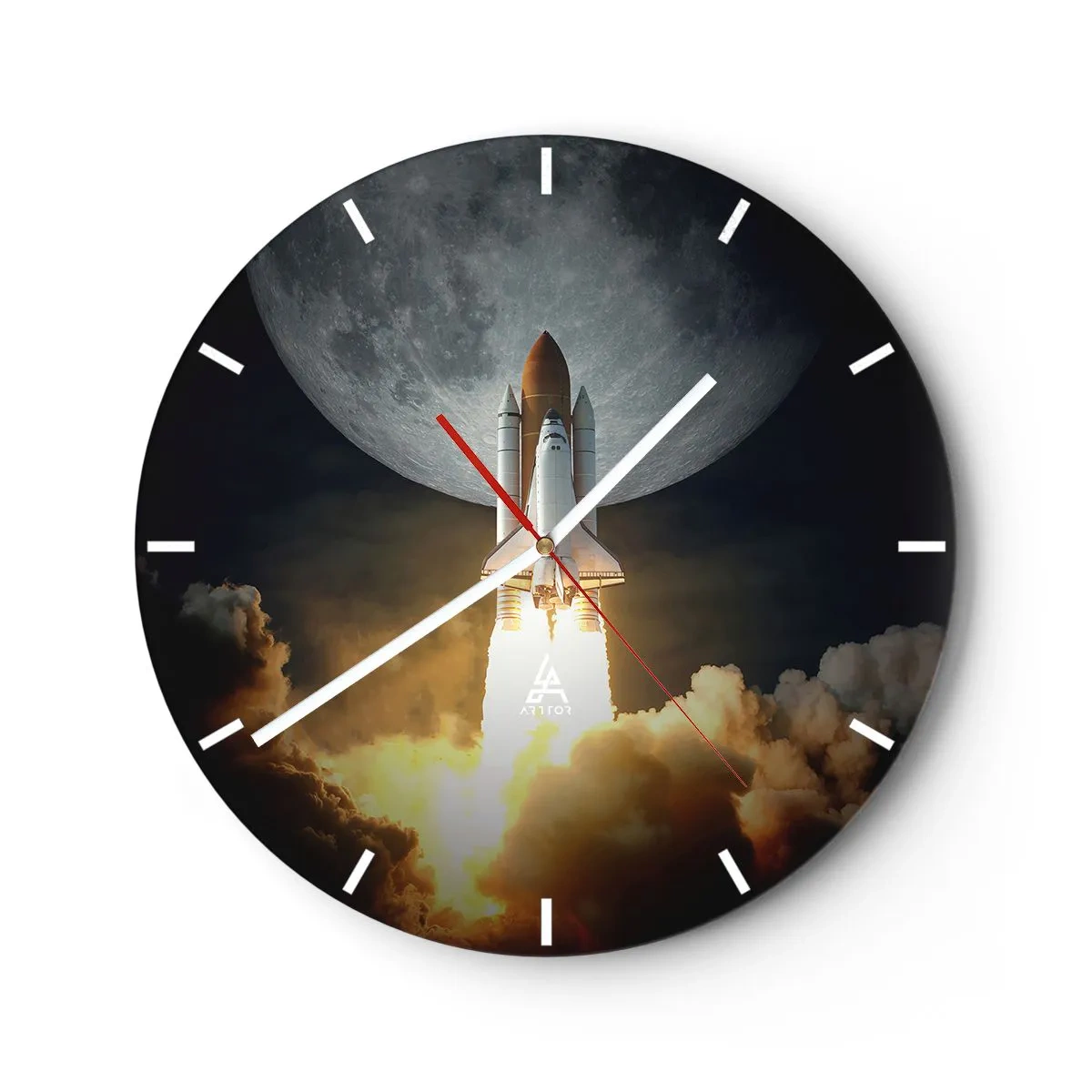 Wanduhr - Glasuhr - Eine Rakete startet vor dem Hintergrund des Mondes am Nachthimmel - 30x30cm - Beginn eines überirdischen Abenteuers - Moderne Wanddekoration für Wohnzimmer, Küche und Schlafzimmer ARTTOR