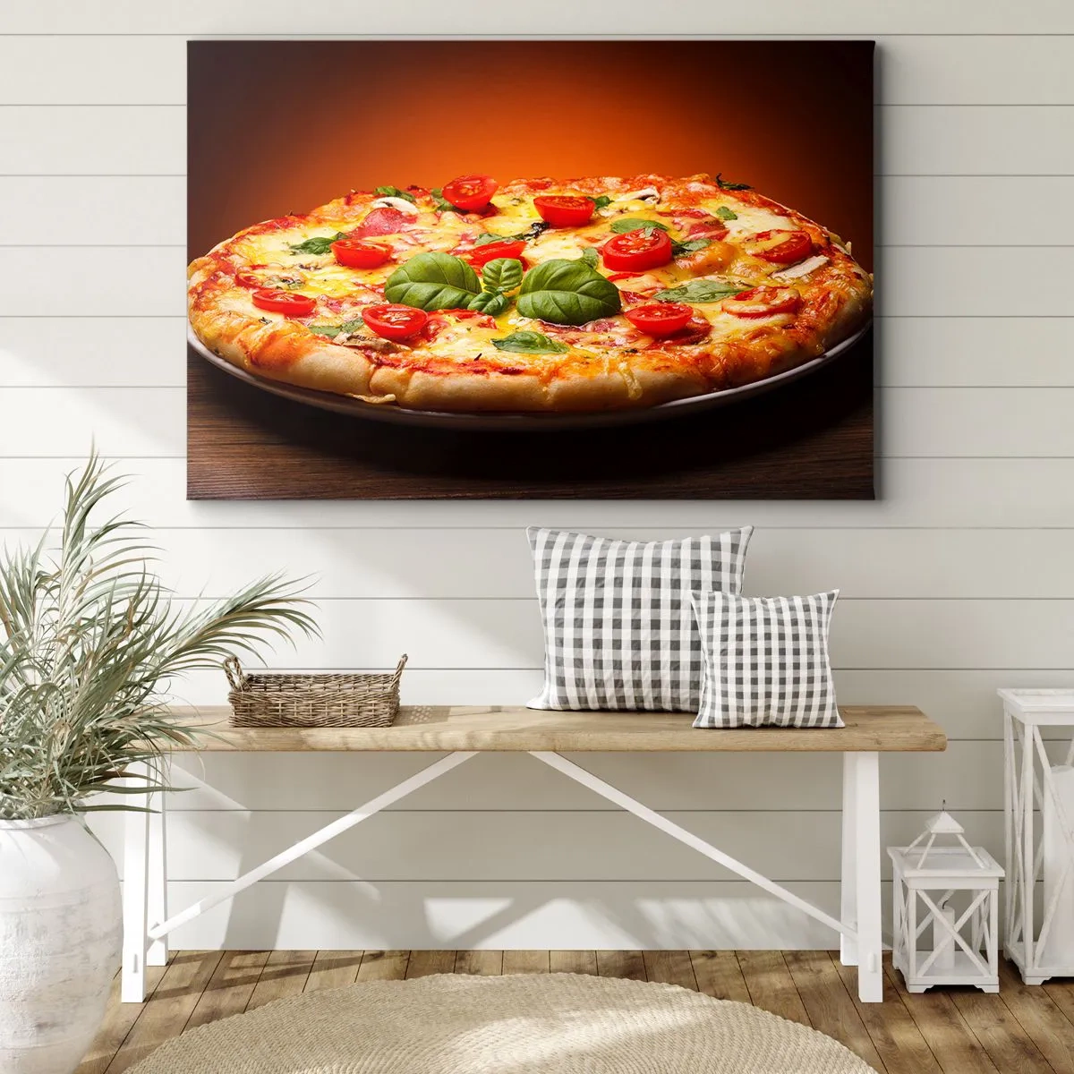Bild auf Leinwand - Leinwandbild - Pizza mit Tomaten und Basilikum auf einem Holztisch - 120x80cm - Mamma Mia! - Moderne Wanddekoration für Wohnzimmer und Schlafzimmer ARTTOR