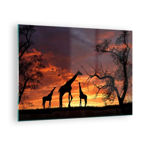 Glasbild - Bild auf glas - Silhouetten von Giraffen vor dem Hintergrund eines Sonnenuntergangs in einer afrikanischen Landschaft - 70x50cm - Ein kleines Abendessen mit deinen Liebsten - Moderne Wanddekoration für Wohnzimmer und Schlafzimmer ARTTOR