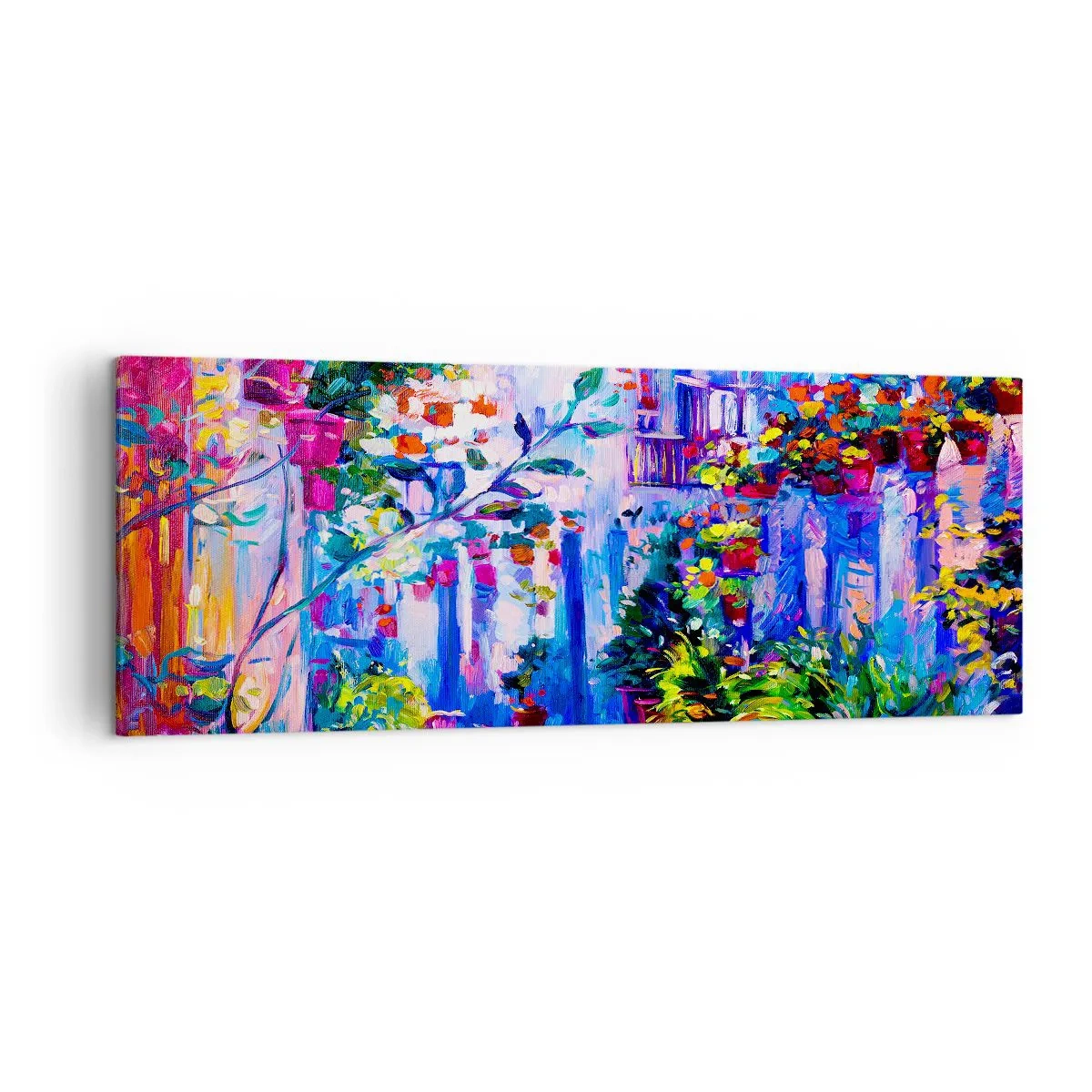 Bild auf Leinwand - Leinwandbild - Eine bunte Straße voller Blumen - 140x50cm - Impresja - eine italienische Straße - Moderne Wanddekoration für Wohnzimmer und Schlafzimmer ARTTOR