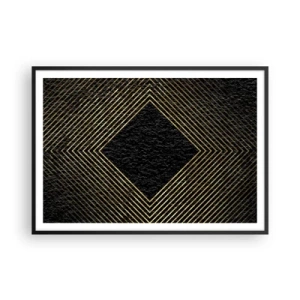 Poster in einem schwarzem Rahmen - Schwarzer Hintergrund mit einem geometrischen Muster aus goldenen Linien - 100x70cm - Geometrie im glamourösen Stil - Moderne Wanddekoration für Wohnzimmer und Schlafzimmer ARTTOR