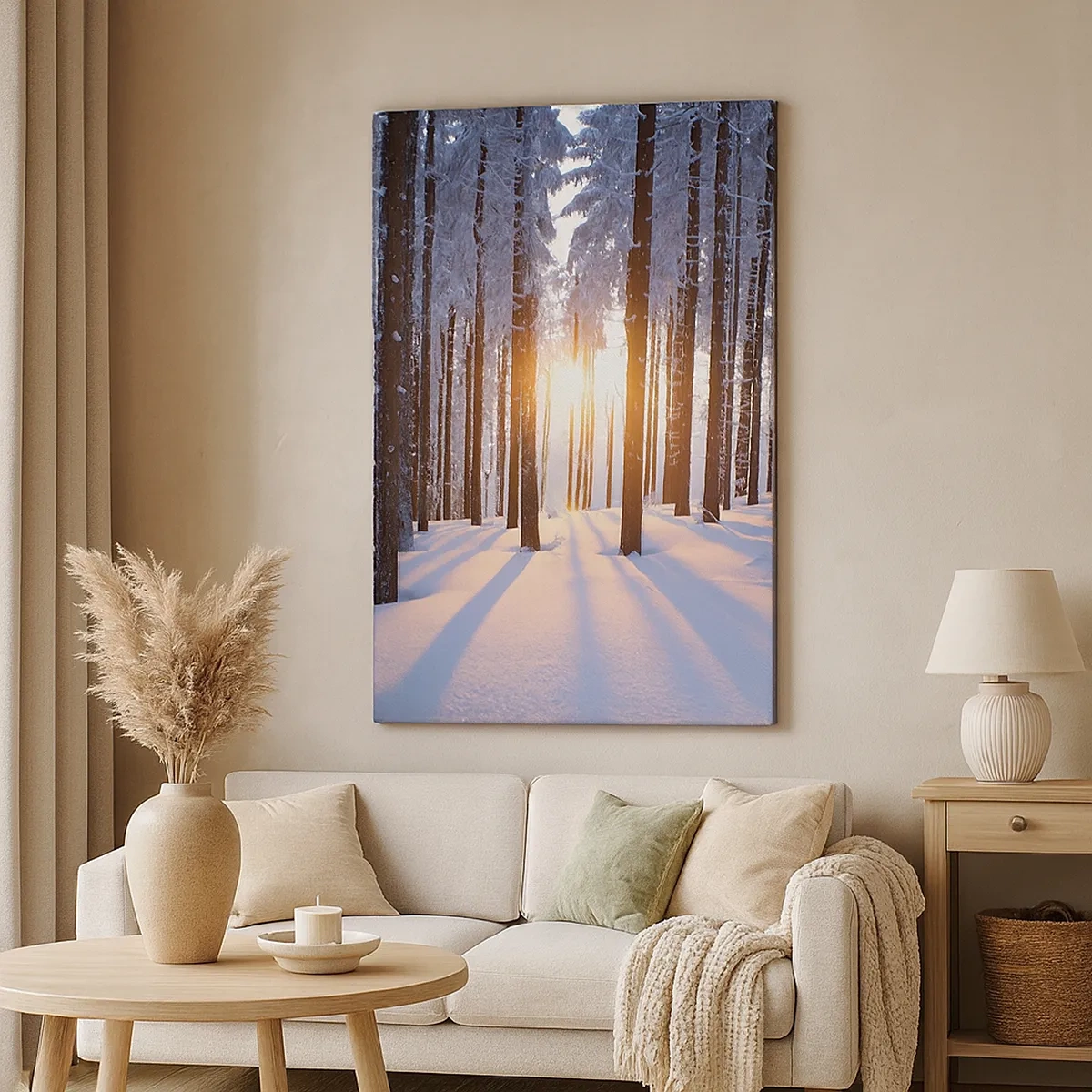 Bild auf Leinwand - Leinwandbild - Winterwald, beleuchtet von den Sonnenstrahlen - 50x70cm - Ganz klar schwarz auf weiß - Moderne Wanddekoration für Wohnzimmer und Schlafzimmer ARTTOR