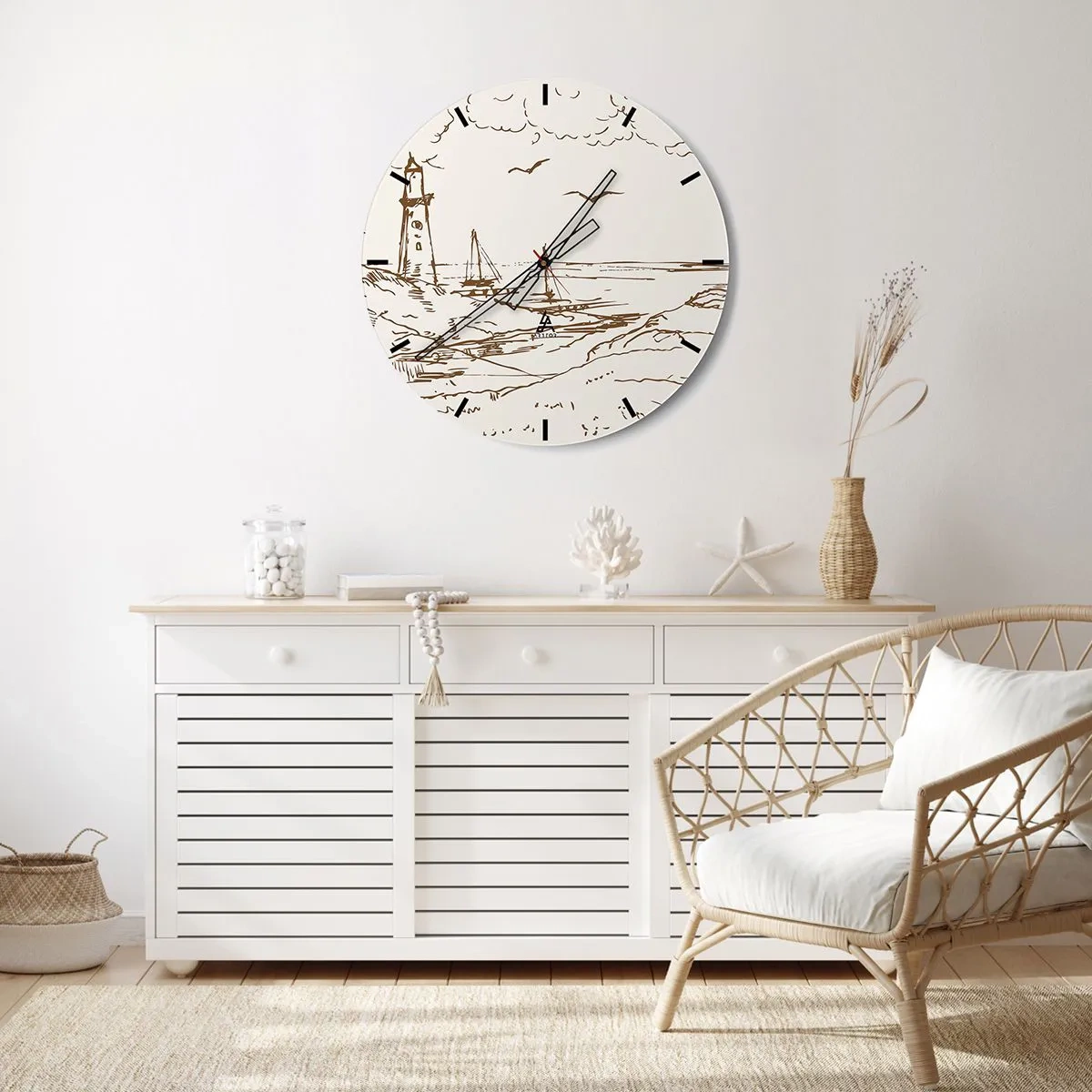 Wanduhr - Glasuhr - Illustration eines Leuchtturms mit einem Segelboot und Vögeln gegen den Himmel - 30x30cm - Ein Überblick über die Erinnerungen an den Sommer - Moderne Wanddekoration für Wohnzimmer, Küche und Schlafzimmer ARTTOR