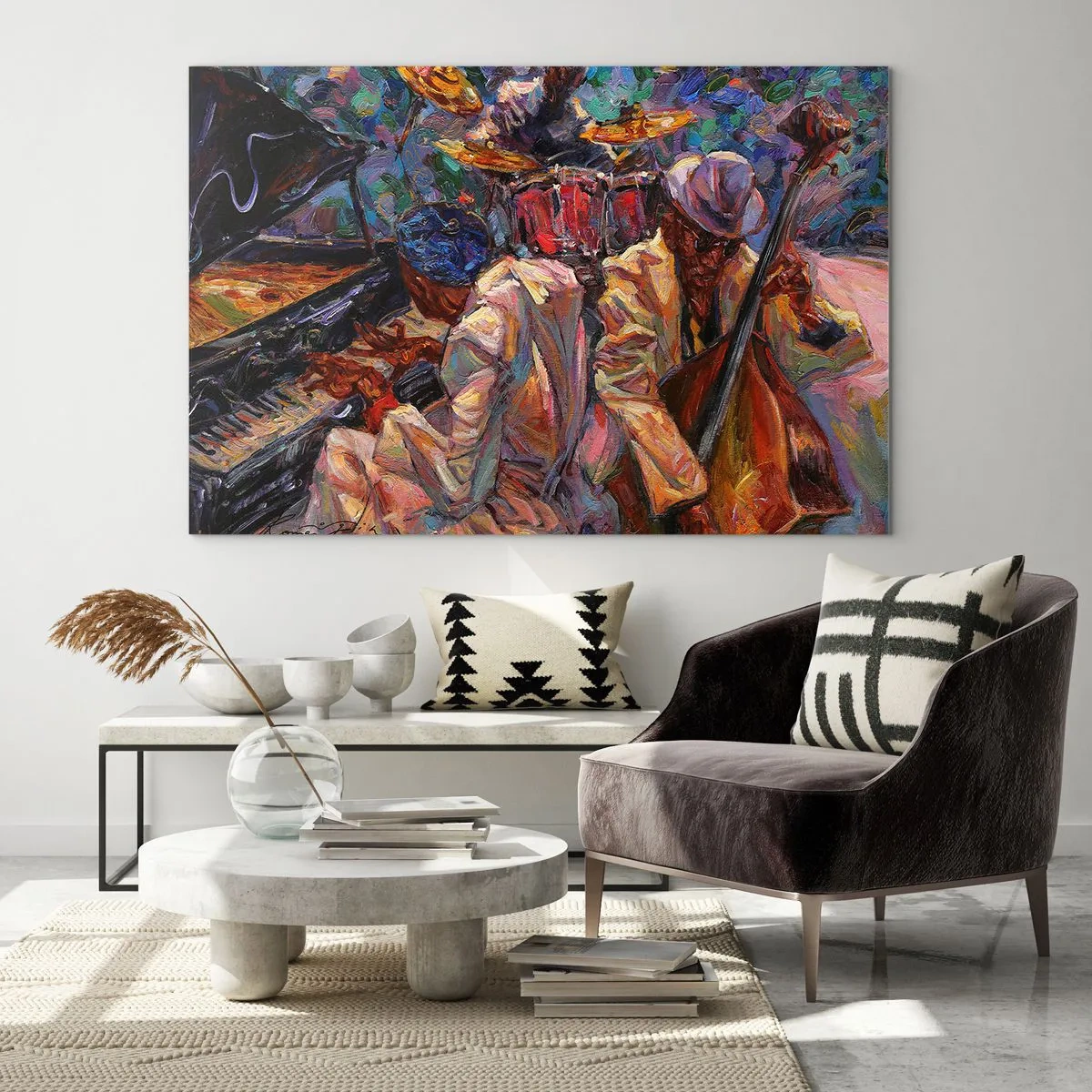 Glasbild - Bild auf glas - Eine bunte Jazzbühne mit Musikern und Instrumenten - 70x50cm - In einem Schlag - Moderne Wanddekoration für Wohnzimmer und Schlafzimmer ARTTOR