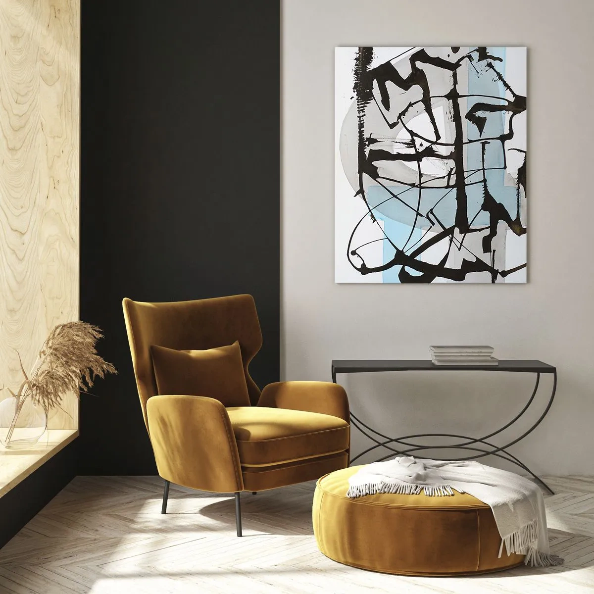 Glasbild - Bild auf glas - Abstrakte Komposition mit schwarzer Skizze und blauen Flecken - 50x70cm - Trotzdem blau - Moderne Wanddekoration für Wohnzimmer und Schlafzimmer ARTTOR