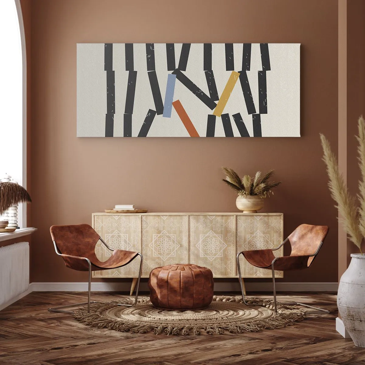 Bild auf Leinwand - Leinwandbild - Abstrakte Komposition mit farbigen und schwarzen Rechtecken - 140x50cm - Domino – Komposition - Moderne Wanddekoration für Wohnzimmer und Schlafzimmer ARTTOR
