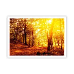 Poster - Herbstlichtung im goldenen Sonnenlicht mit einem Waldweg - 100x70cm - Auf die goldene Lichtung - Moderne Wanddekoration für Wohnzimmer und Schlafzimmer ARTTOR