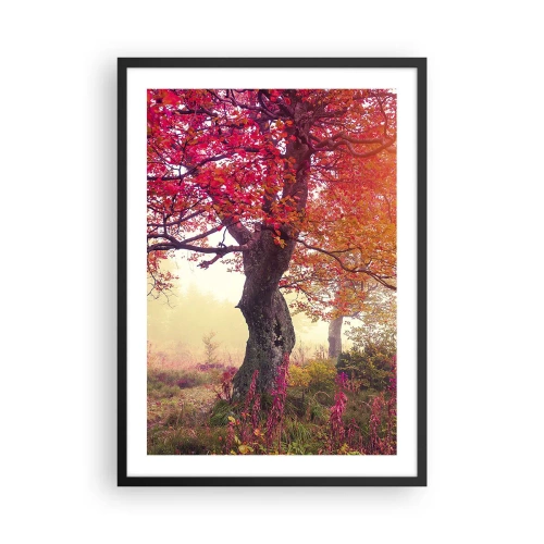 Poster in einem schwarzem Rahmen - Ein Baum mit roten Blättern in einer Herbstlandschaft - 50x70cm - Blühende Raserei - Moderne Wanddekoration für Wohnzimmer und Schlafzimmer ARTTOR