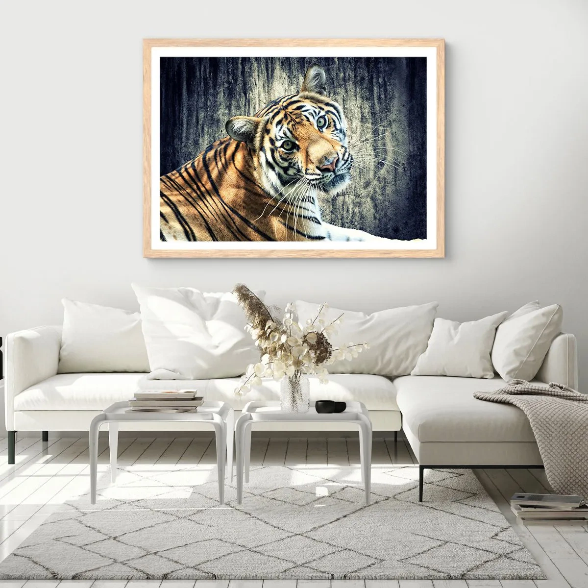 Poster in einem Rahmen aus heller Eiche - Portrait in Lichtstrahlen - 100x70 cm