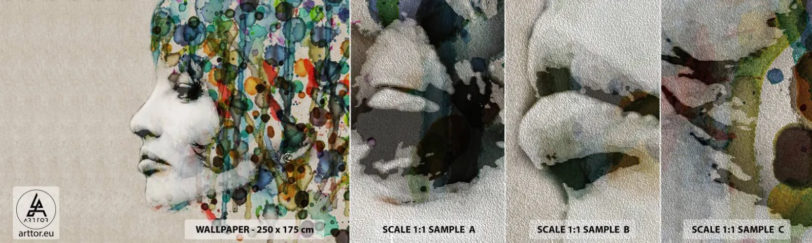 Fototapeten Muster Premium Sand - Sie tauchte aus dem Grau auf - Das Gesicht einer Frau, Abstraktion, Grafik - 100x30 cm