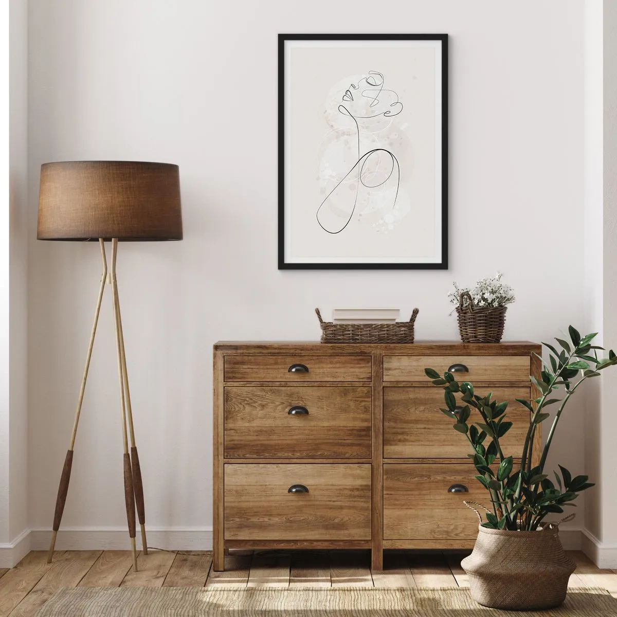 Poster in einem schwarzem Rahmen - Die Konturlinie der Figur vor dem Hintergrund zarter Pastellformen - 50x70cm - Die Spirale der Schönheit - Moderne Wanddekoration für Wohnzimmer und Schlafzimmer ARTTOR