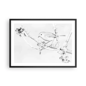 Poster in einem schwarzem Rahmen - Vogel auf einem Ast in Schwarz-Weiß im minimalistischen Stil - 70x50cm - Wintermorgen - Moderne Wanddekoration für Wohnzimmer und Schlafzimmer ARTTOR
