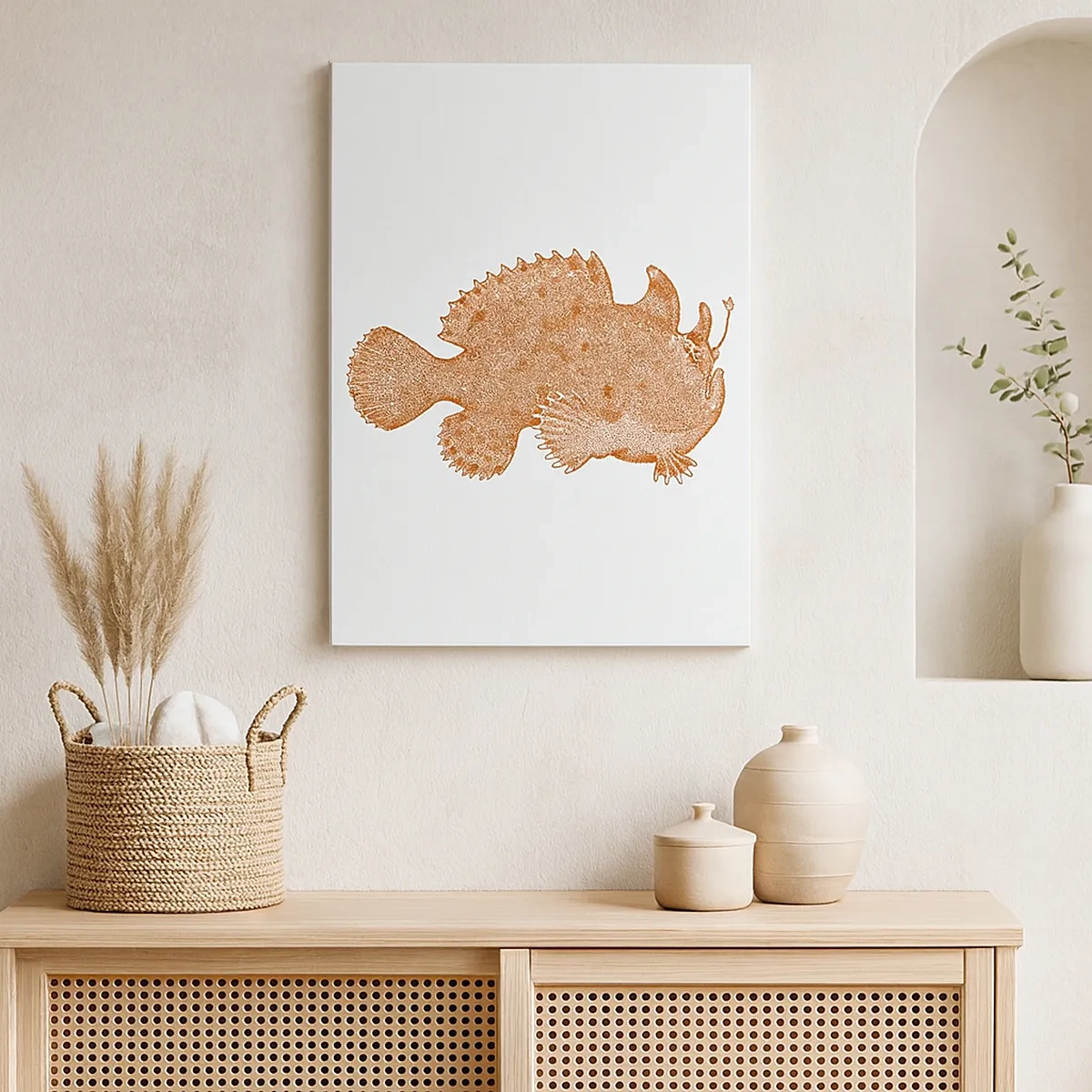 Bild auf Leinwand - Leinwandbild - Detaillierte Zeichnung eines kupferfarbenen Fisches auf weißem Hintergrund - 50x70cm - Es ist also doch ein Fisch - Moderne Wanddekoration für Wohnzimmer und Schlafzimmer ARTTOR