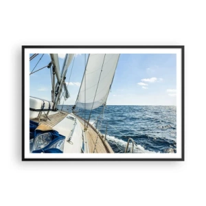 Poster in einem schwarzem Rahmen - Ein Segelboot auf ruhiger See unter blauem Himmel - 100x70cm - Ahoi, Abenteuer - Moderne Wanddekoration für Wohnzimmer und Schlafzimmer ARTTOR