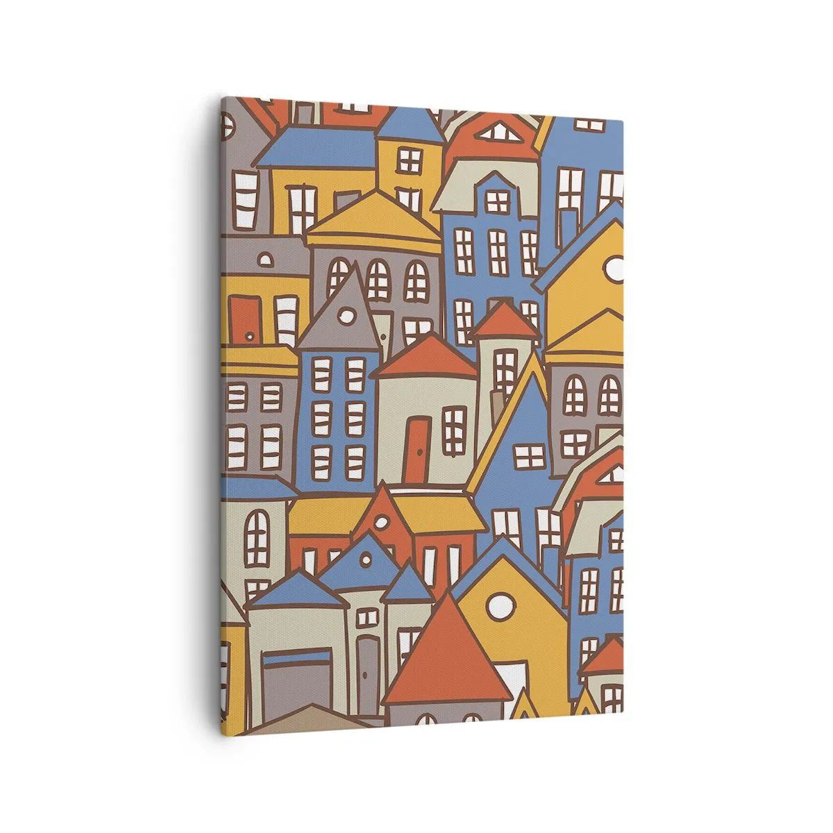 Bild auf Leinwand - Leinwandbild - Bunte Häuser im grafischen Stil auf hellem Hintergrund - 50x70cm - Hinter dem Haus ist das Haus - Moderne Wanddekoration für Wohnzimmer und Schlafzimmer ARTTOR