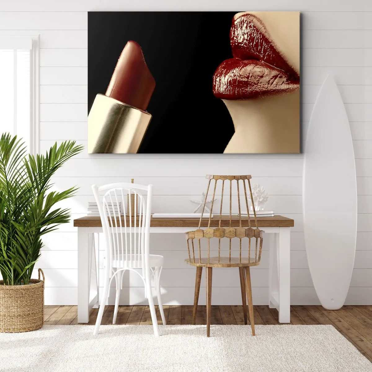 Bild auf Leinwand - Leinwandbild - Rote Lippen und Lippenstift auf schwarzem Hintergrund - 70x50cm - Sinnlichkeit und Brillanz von Karmin - Moderne Wanddekoration für Wohnzimmer und Schlafzimmer ARTTOR