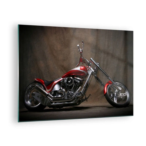 Glasbild - Bild auf glas - Rotes Custom-Motorrad auf dunklem Hintergrund - 70x50cm - Rote und silberne Schönheit - Moderne Wanddekoration für Wohnzimmer und Schlafzimmer ARTTOR