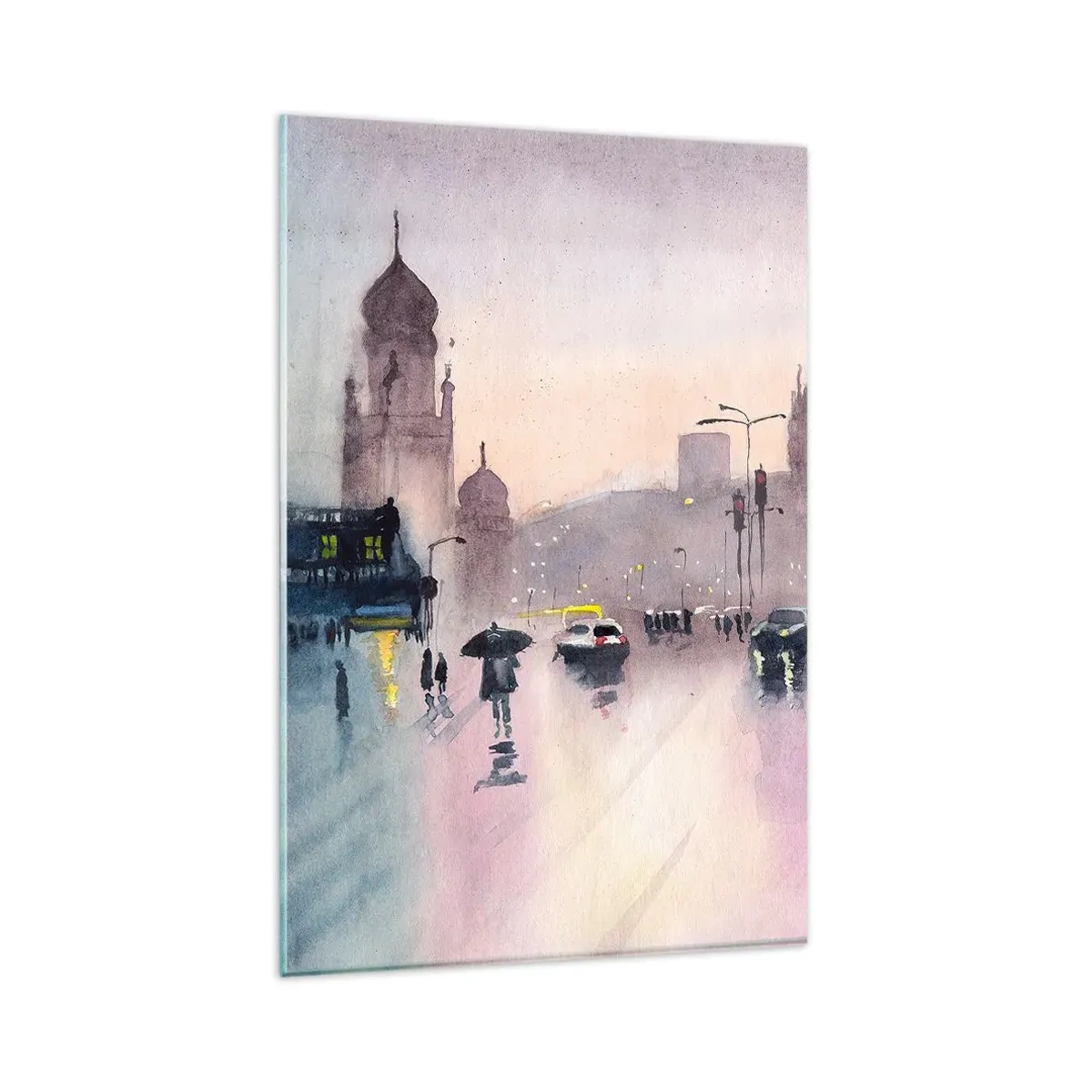Glasbild - Bild auf glas - Eine Stadtstraße in der Abenddämmerung im Aquarellstil - 80x120cm - Im regnerischen Dunst - Moderne Wanddekoration für Wohnzimmer und Schlafzimmer ARTTOR