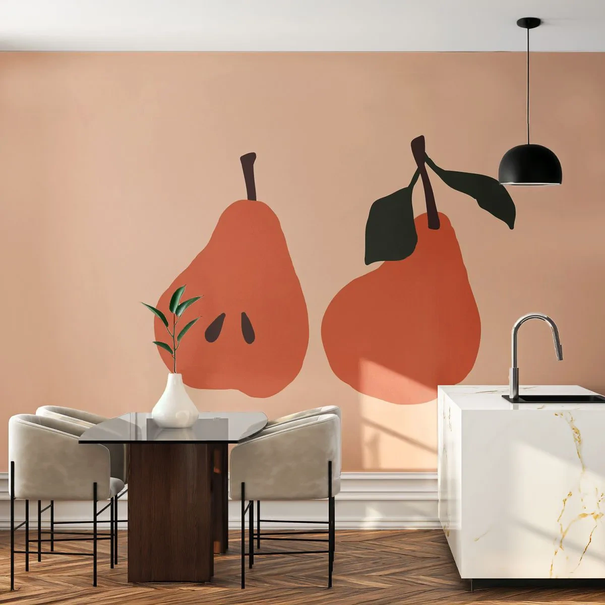 Fototapete Premium Sand - Eine minimalistische Illustration von zwei Birnen auf beigem Hintergrund. - 100x70cm - Pure Süße - Moderne Wanddekoration für Wohnzimmer und Schlafzimmer ARTTOR