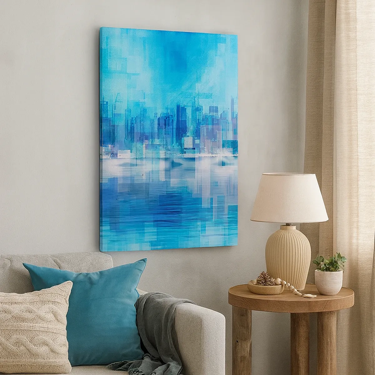Bild auf Leinwand - Leinwandbild - Abstraktes Stadtpanorama in Blautönen - 50x70cm - In Blau ertrunken - Moderne Wanddekoration für Wohnzimmer und Schlafzimmer ARTTOR