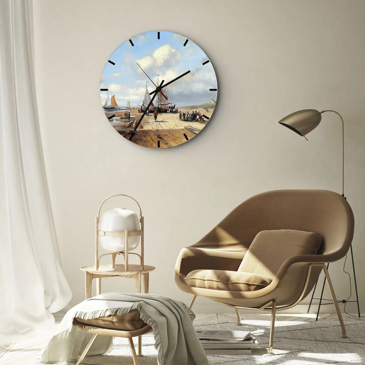 Wanduhr - Glasuhr - Angelszene mit Booten und Menschen am Strand unter blauem Himmel - 30x30cm - Nach einem erfolgreichen Fischfang - Moderne Wanddekoration für Wohnzimmer, Küche und Schlafzimmer ARTTOR
