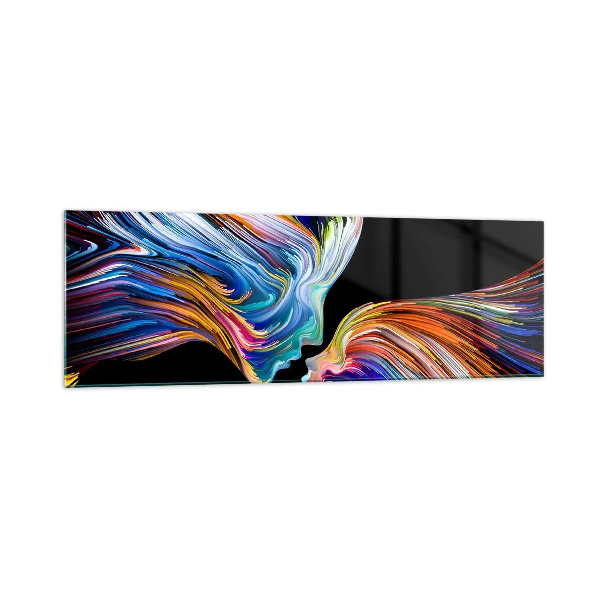 Glasbild - Bild auf glas - Bunte Silhouetten von Gesichtern in dynamischen Strömen auf schwarzem Hintergrund - 160x50cm - Eine Verschmelzung von Energie und Licht - Moderne Wanddekoration für Wohnzimmer und Schlafzimmer ARTTOR