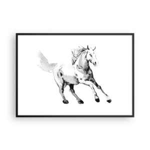 Poster in einem schwarzem Rahmen - Skizze eines galoppierenden Pferdes in Schwarz-Weiß-Tönen - 100x70cm - Ungezähmte Seele - Moderne Wanddekoration für Wohnzimmer und Schlafzimmer ARTTOR