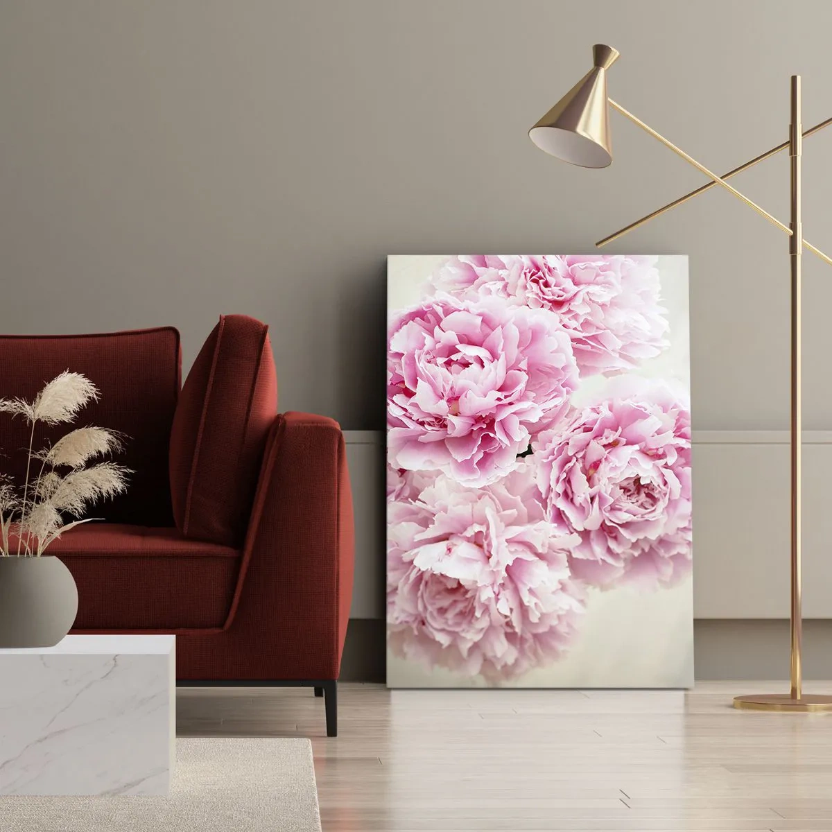 Bild auf Leinwand - Leinwandbild - Ein Strauß rosa Pfingstrosen auf hellem Hintergrund - 80x120cm - In rosa Glamour - Moderne Wanddekoration für Wohnzimmer und Schlafzimmer ARTTOR
