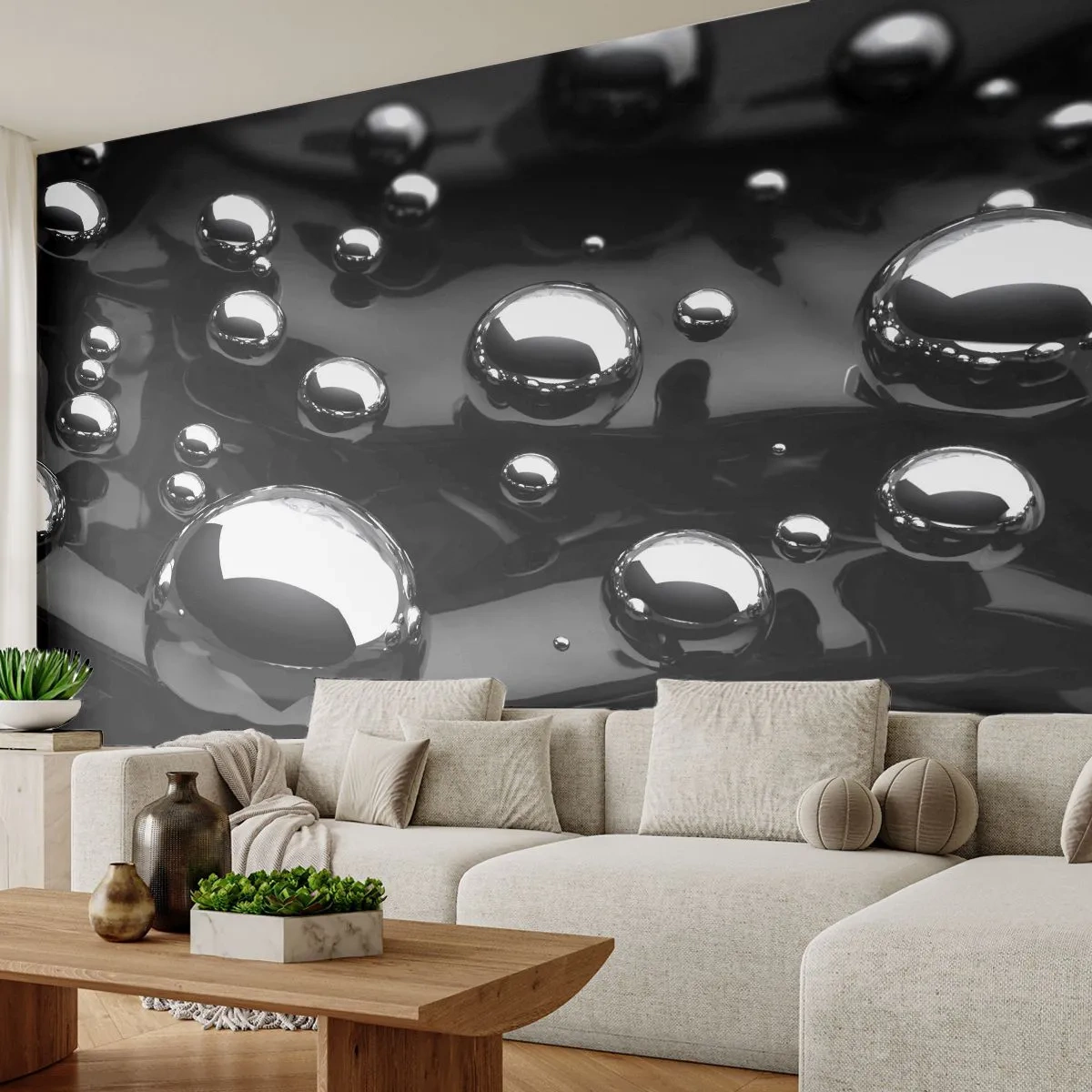Fototapete Premium Sand - Metallische Tropfen auf einer schwarzen Oberfläche - 100x70cm - Aus der schwarzen Wassertiefe - Moderne Wanddekoration für Wohnzimmer und Schlafzimmer ARTTOR