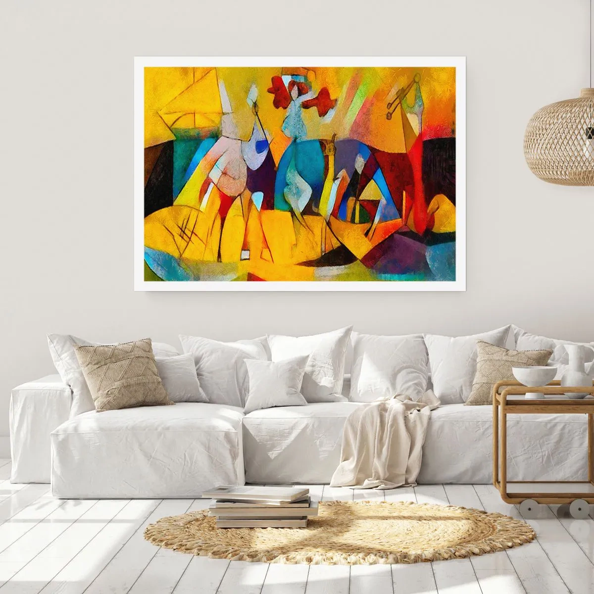 Poster - Eine farbenfrohe Abstraktion, die Figuren in geometrischer Form darstellt - 100x70cm - Sonne - Leben - Freude - Moderne Wanddekoration für Wohnzimmer und Schlafzimmer ARTTOR