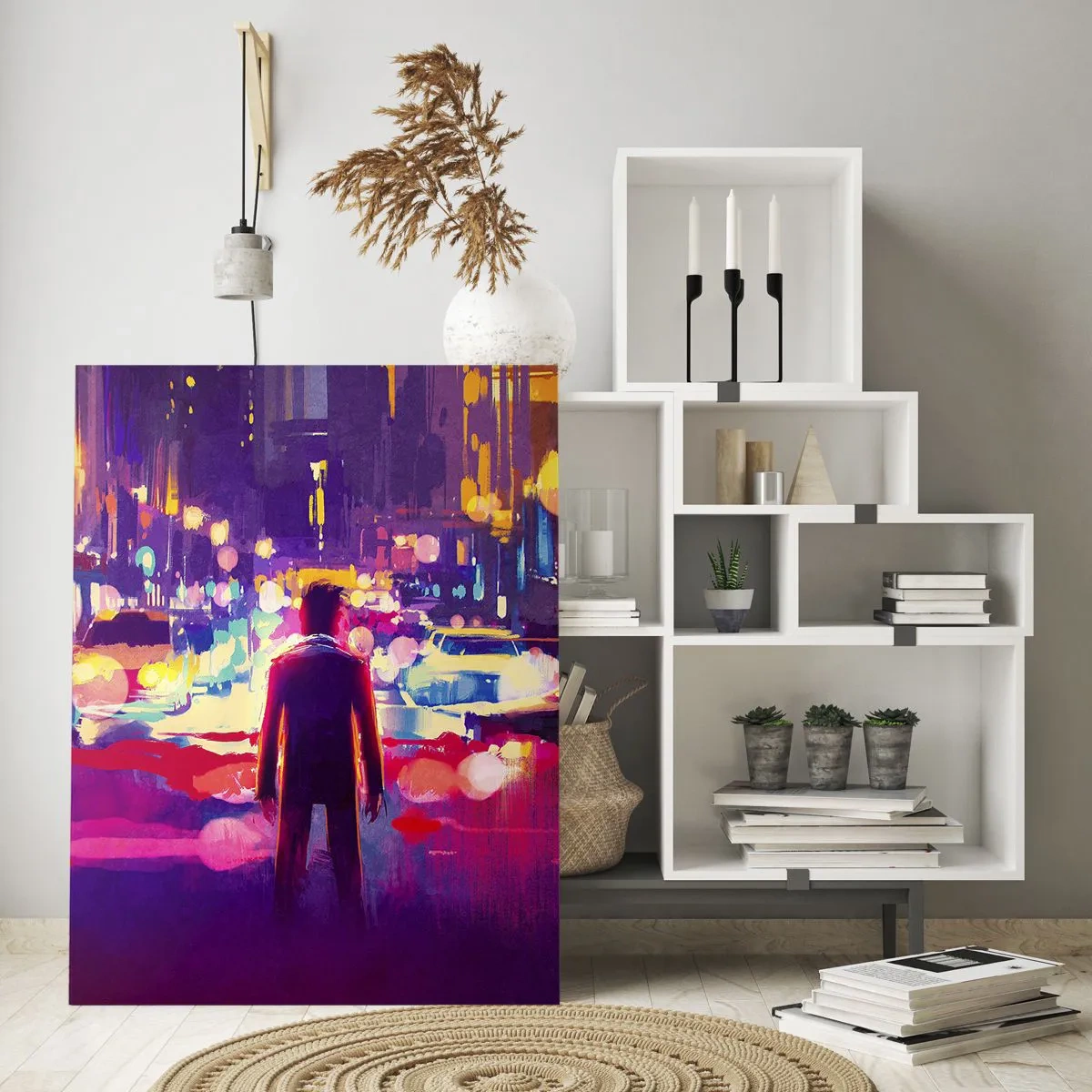 Glasbild - Bild auf glas - Eine Figur in einem farbenfrohen, futuristischen Stadtnachtlicht - 50x70cm - Eingetaucht in das Licht - Moderne Wanddekoration für Wohnzimmer und Schlafzimmer ARTTOR