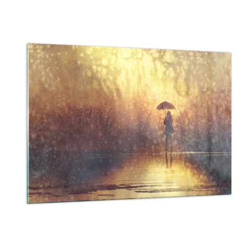 Glasbild - Bild auf glas - Eine Figur mit Regenschirm im Licht der untergehenden Sonne und des Regens - 120x80cm - Ich habe das Gefühl, dass mich jemand ansieht - Moderne Wanddekoration für Wohnzimmer und Schlafzimmer ARTTOR