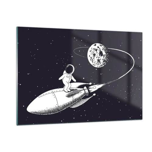 Glasbild - Bild auf glas - Cartoon-Astronaut surft auf einer Rakete im Weltraum - 120x80cm - Weltraumsurfer - Moderne Wanddekoration für Wohnzimmer und Schlafzimmer ARTTOR