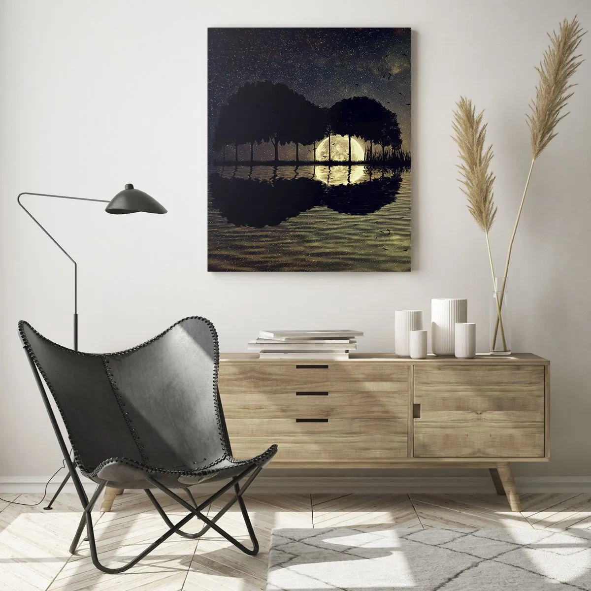 Glasbild - Bild auf glas - Nachtszene mit einem im Wasser reflektierten Vollmond - 50x70cm - Nacht am Ende der Welt - Moderne Wanddekoration für Wohnzimmer und Schlafzimmer ARTTOR