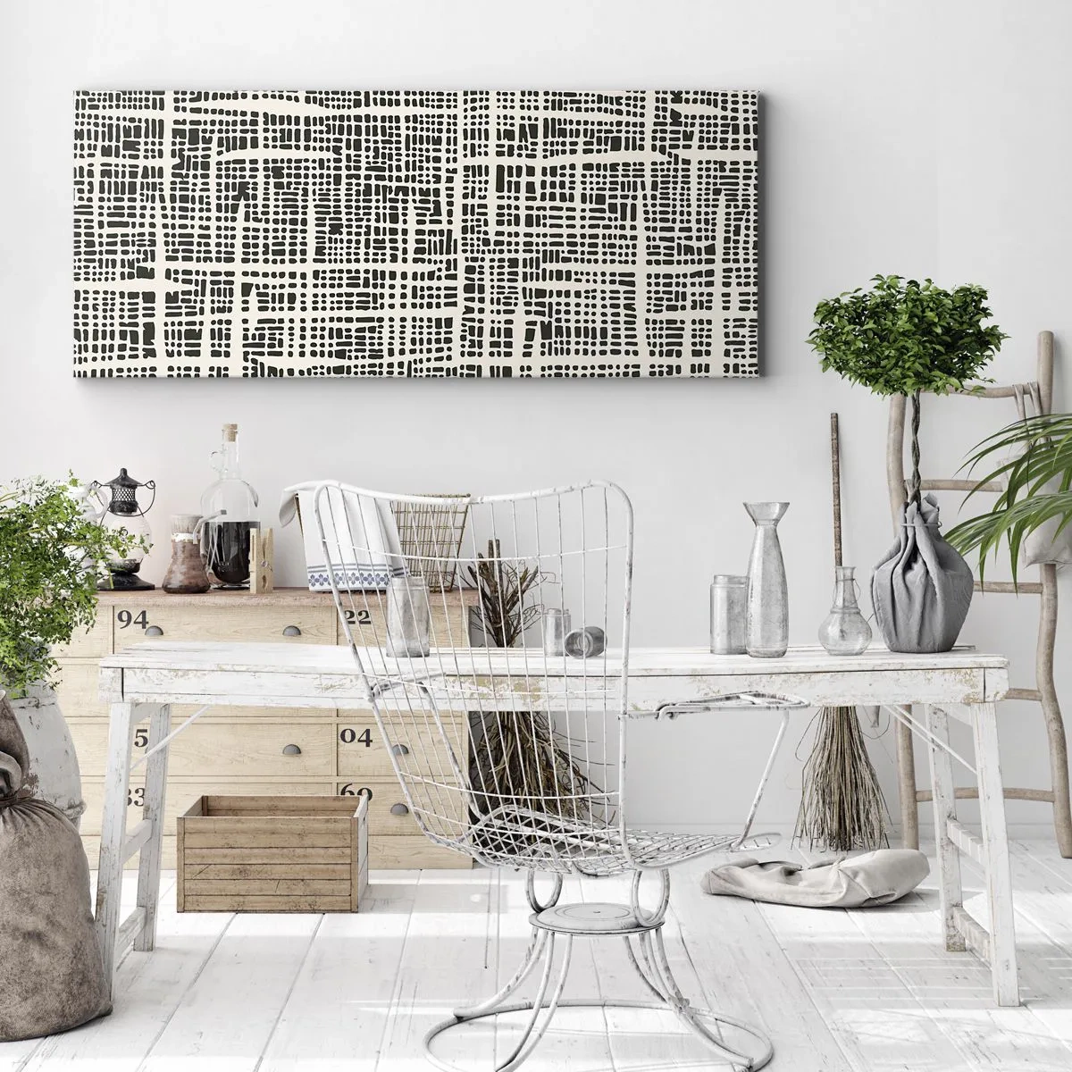 Bild auf Leinwand - Leinwandbild - Ein geometrisches Muster, das einem Gitter auf hellem Hintergrund ähnelt - 140x50cm - Gewebte Komposition - Moderne Wanddekoration für Wohnzimmer und Schlafzimmer ARTTOR