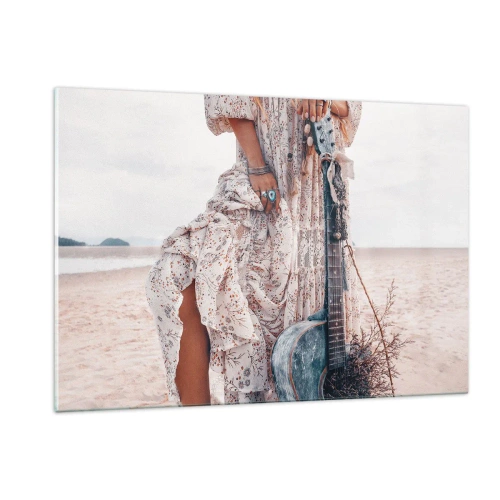 Glasbild - Bild auf glas - Frau im Boho-Stil mit Gitarre am leeren Strand - 120x80cm - Kinderblumen auf dem Weg - Moderne Wanddekoration für Wohnzimmer und Schlafzimmer ARTTOR