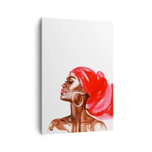 Bild auf Leinwand - Leinwandbild - Profil einer Frau mit rotem Turban und Ohrringen - 70x100cm - Es weht ein Wind, der die Nase eines Mannes öffnet - Moderne Wanddekoration für Wohnzimmer und Schlafzimmer ARTTOR