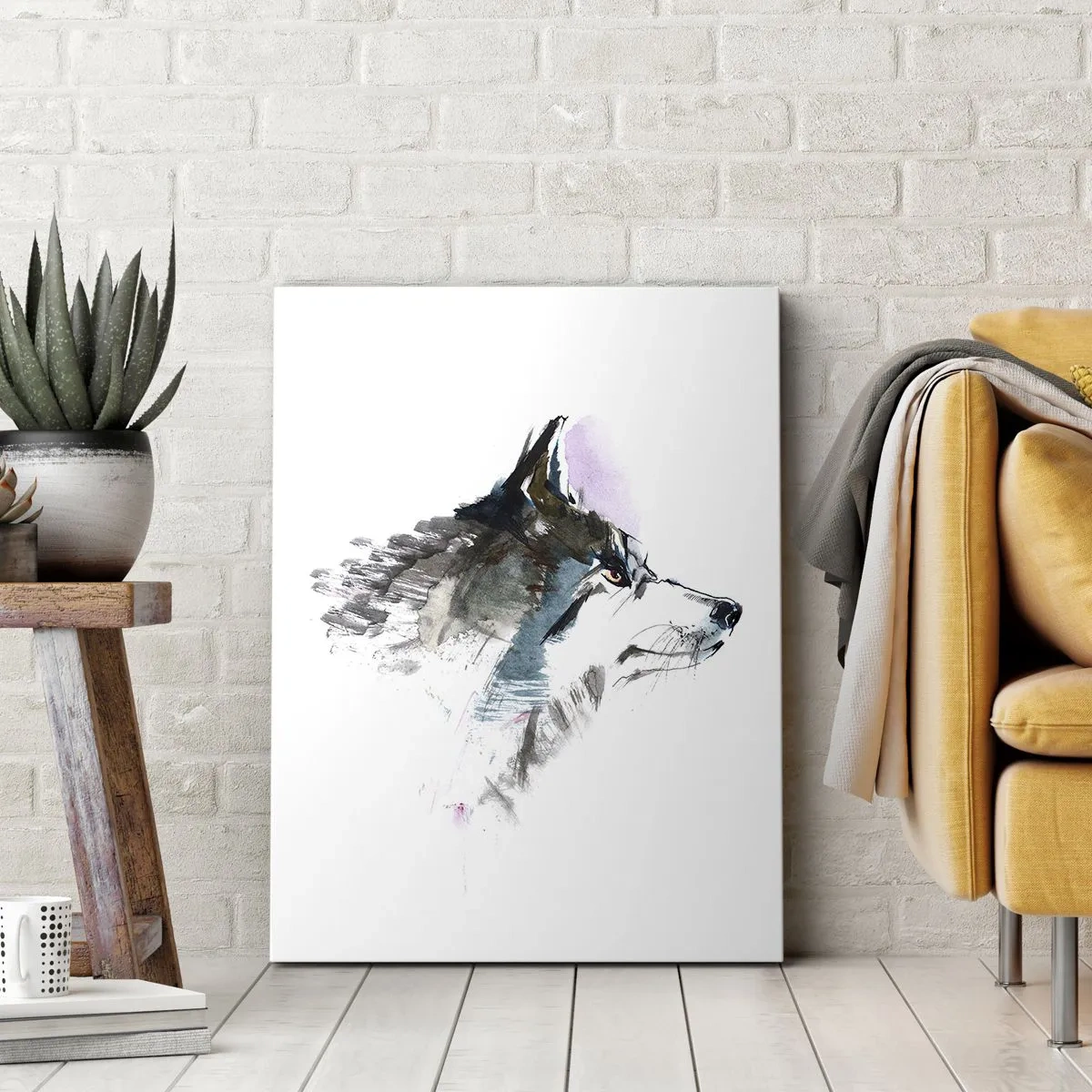 Bild auf Leinwand - Leinwandbild - Aquarellwolf im minimalistischen Stil - 70x100cm - Vom Teufel sprechen - Moderne Wanddekoration für Wohnzimmer und Schlafzimmer ARTTOR