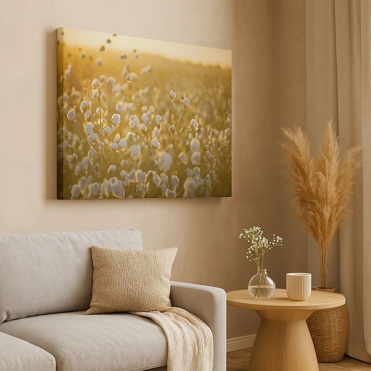 Bild auf Leinwand - Leinwandbild - Ein Baumwollfeld im warmen Licht der untergehenden Sonne - 70x50cm - Fluffiges Feld - Moderne Wanddekoration für Wohnzimmer und Schlafzimmer ARTTOR