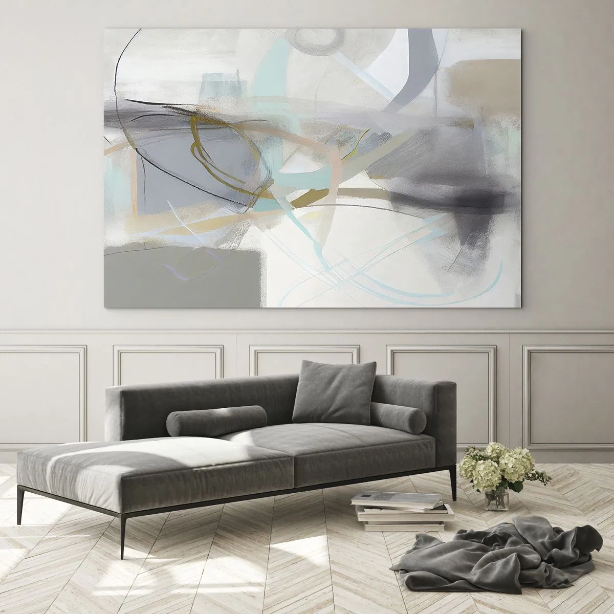 Glasbild - Bild auf glas - Eine verschwommene Abstraktion mit Pastell- und Graphitakzenten. - 70x50cm - Neblige Abstraktion - Moderne Wanddekoration für Wohnzimmer und Schlafzimmer ARTTOR