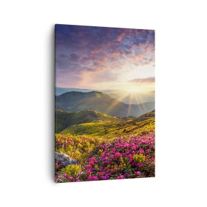 Bild auf Leinwand - Leinwandbild - Berglandschaft mit blühenden Rhododendren - 50x70cm - Frische am Bergmorgen - Moderne Wanddekoration für Wohnzimmer und Schlafzimmer ARTTOR