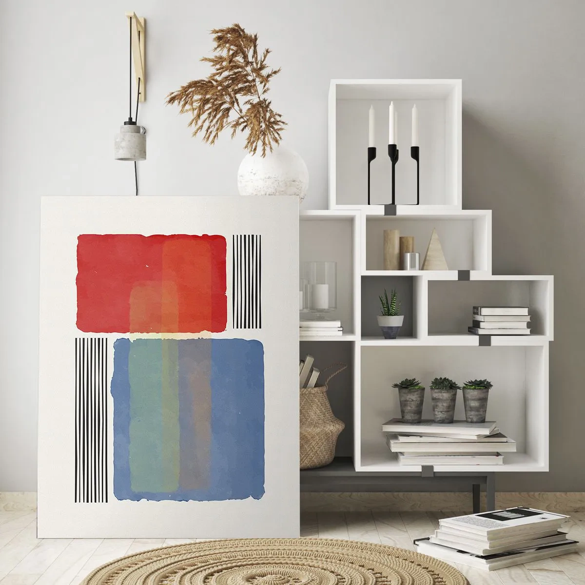 Glasbild - Bild auf glas - Geometrische Komposition mit farbigen Blöcken und Linien - 70x100cm - Der Geist und der Buchstabe der Geometrie - Moderne Wanddekoration für Wohnzimmer und Schlafzimmer ARTTOR